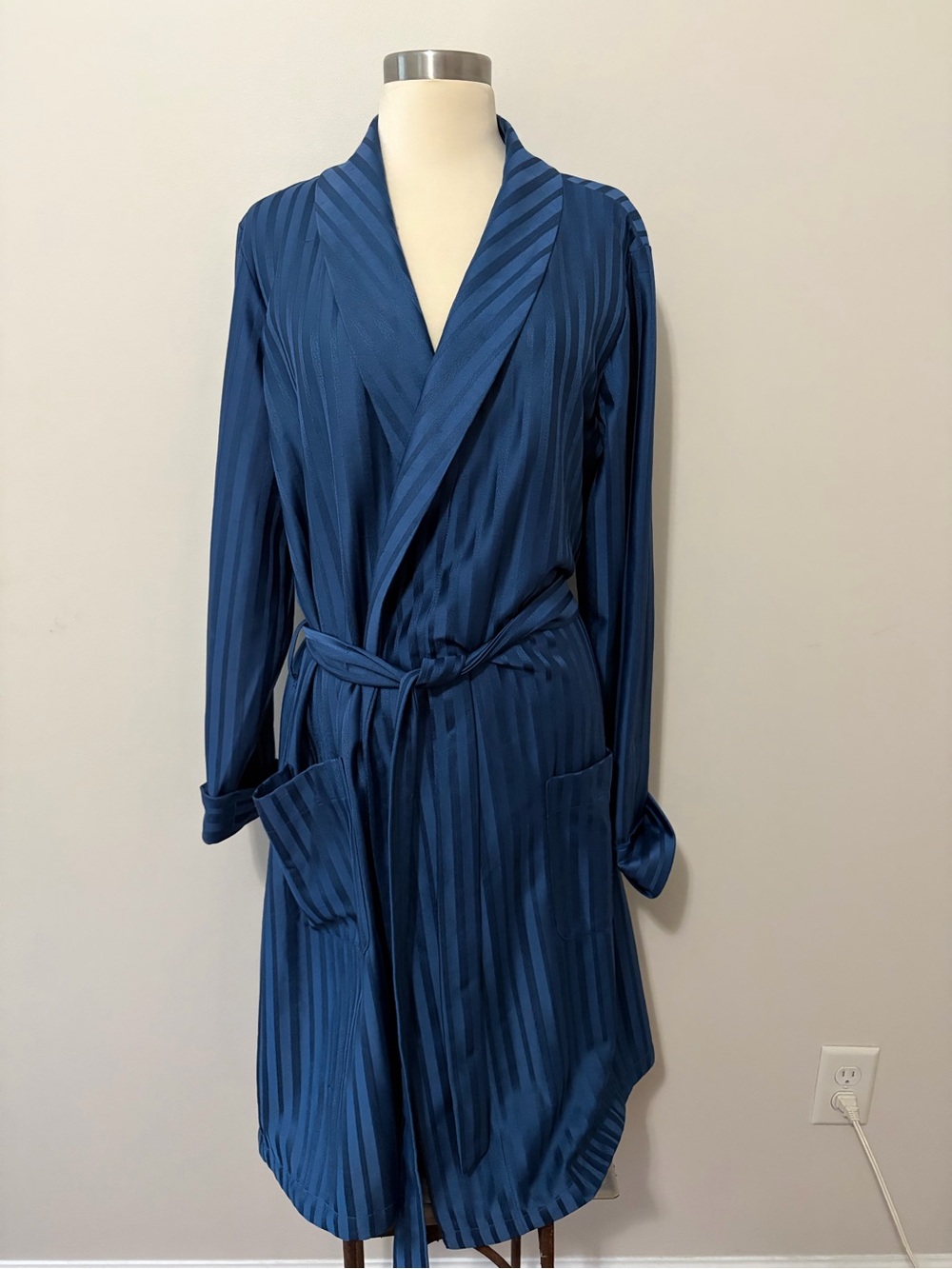 Vintage St. Michael Teal Blue Satin-Like Striped Robe M Loungewear